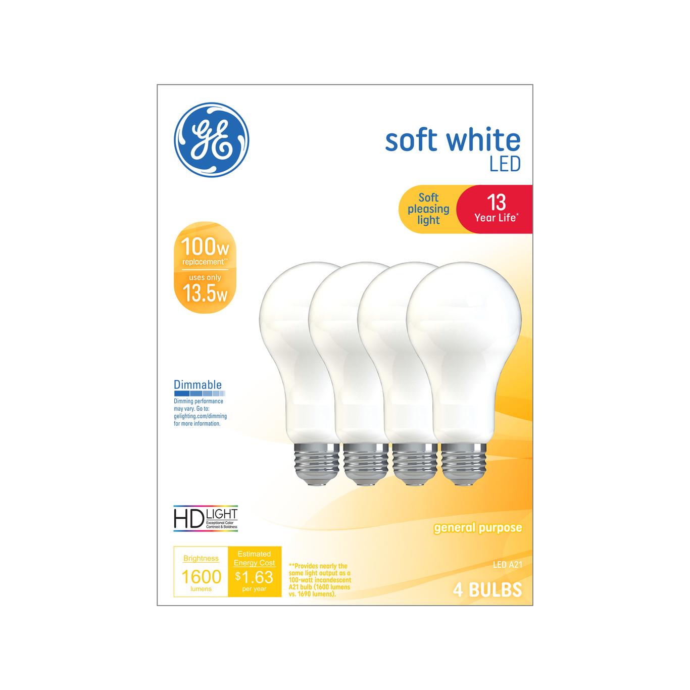 Energy Star Qualified GE Classic 100-Watt Replacement A21 Soft White Dimmable LED Light Bulbs, 1600 Lumens – 2-Pack