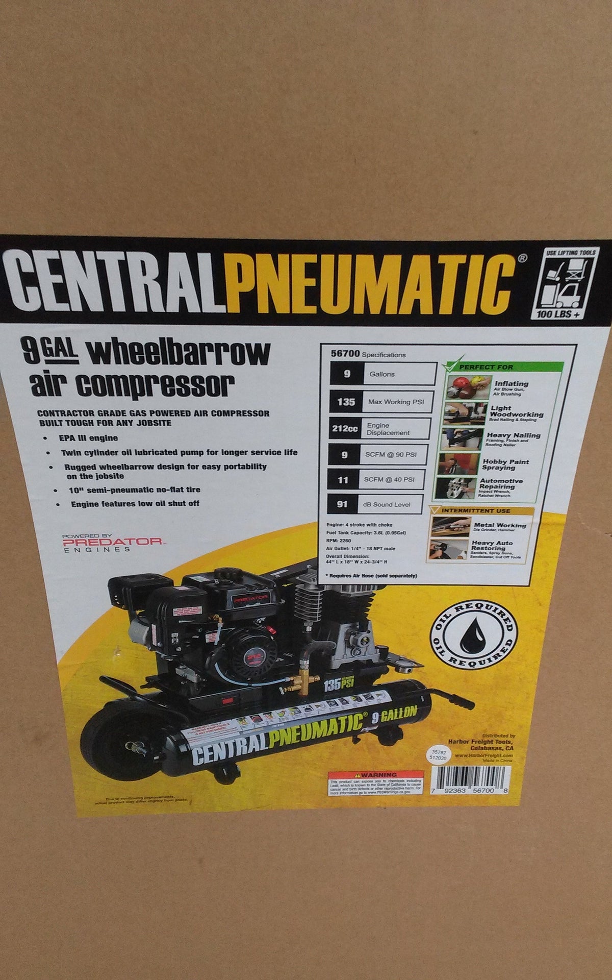 Central Pneumatic 9 Gallon 212cc 135 PSI Wheelbarrow Air Compressor, EPA III