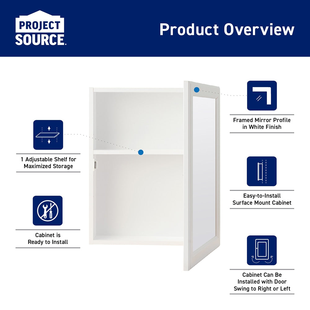 Project Source 15.25-in x 19.25-in Surface Mount White Mirrored Medicine Cabinet
