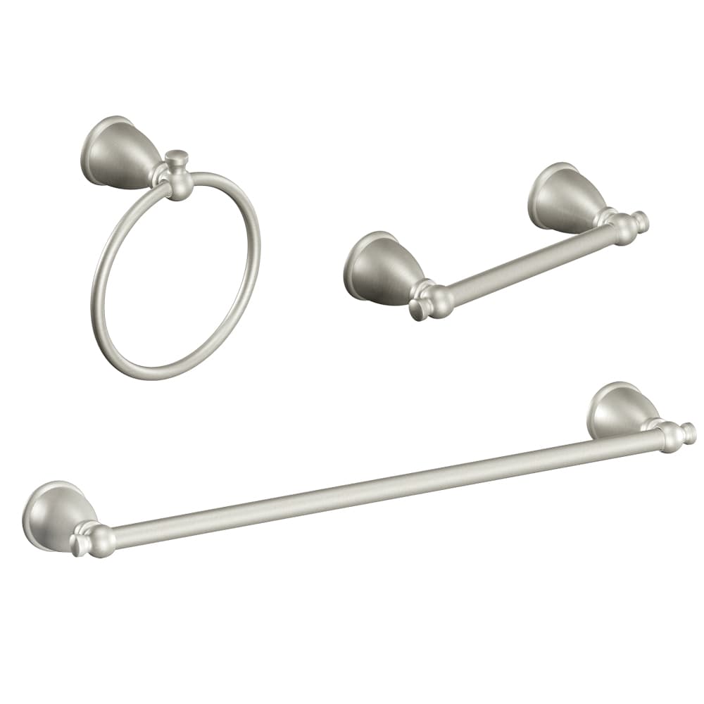 Moen Caldwell 3-Piece Decorative Bathroom Hardware Set, Brushed Nickel – 18-in Towel Bar, Pivoting Toilet Paper Holder, 6.8-in Towel Ring