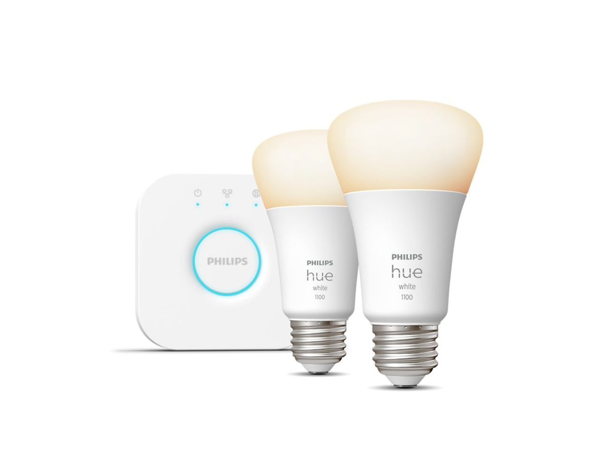 Philips Hue White A19 Smart LED Starter Kit, 60-Watt Equivalent, Dimmable Soft White, E26 Base (2 Bulbs + Hue Bridge)