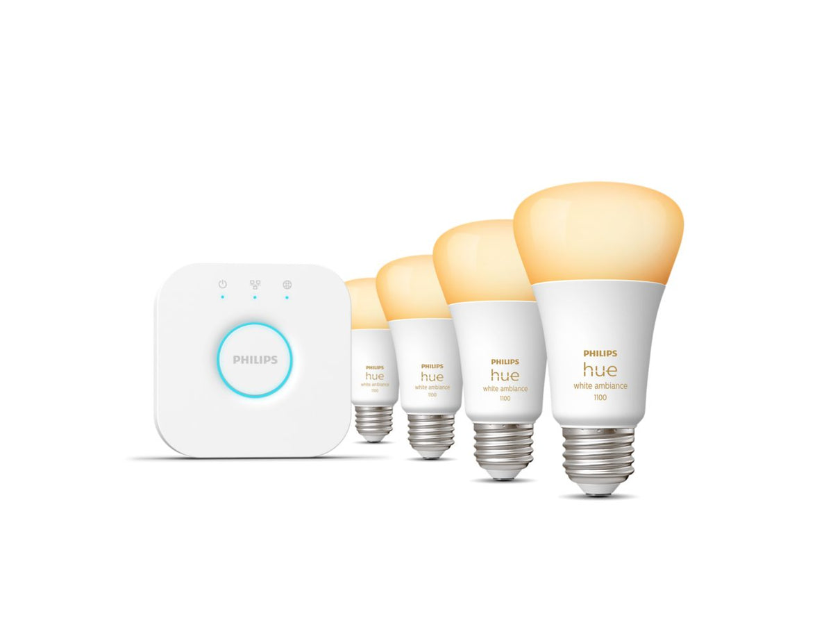 Philips Hue White Ambiance A19 LED 60W Equivalent Dimmable Smart Lighting Starter Kit with Bridge (4 Bulbs, E26)