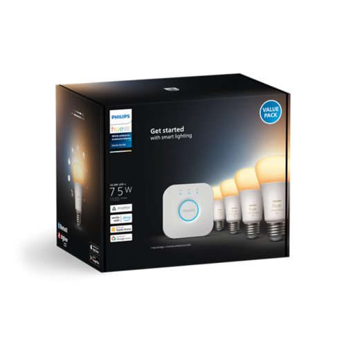 Philips Hue White A19 LED 60W Equivalent Dimmable Smart Wireless Lighting Starter Kit (4 Bulbs + Bridge)