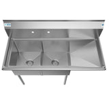Freestanding Stainless Steel 48 in. 2-Hole Double Bowl Commercial Kitchen Sink Right Drainboard