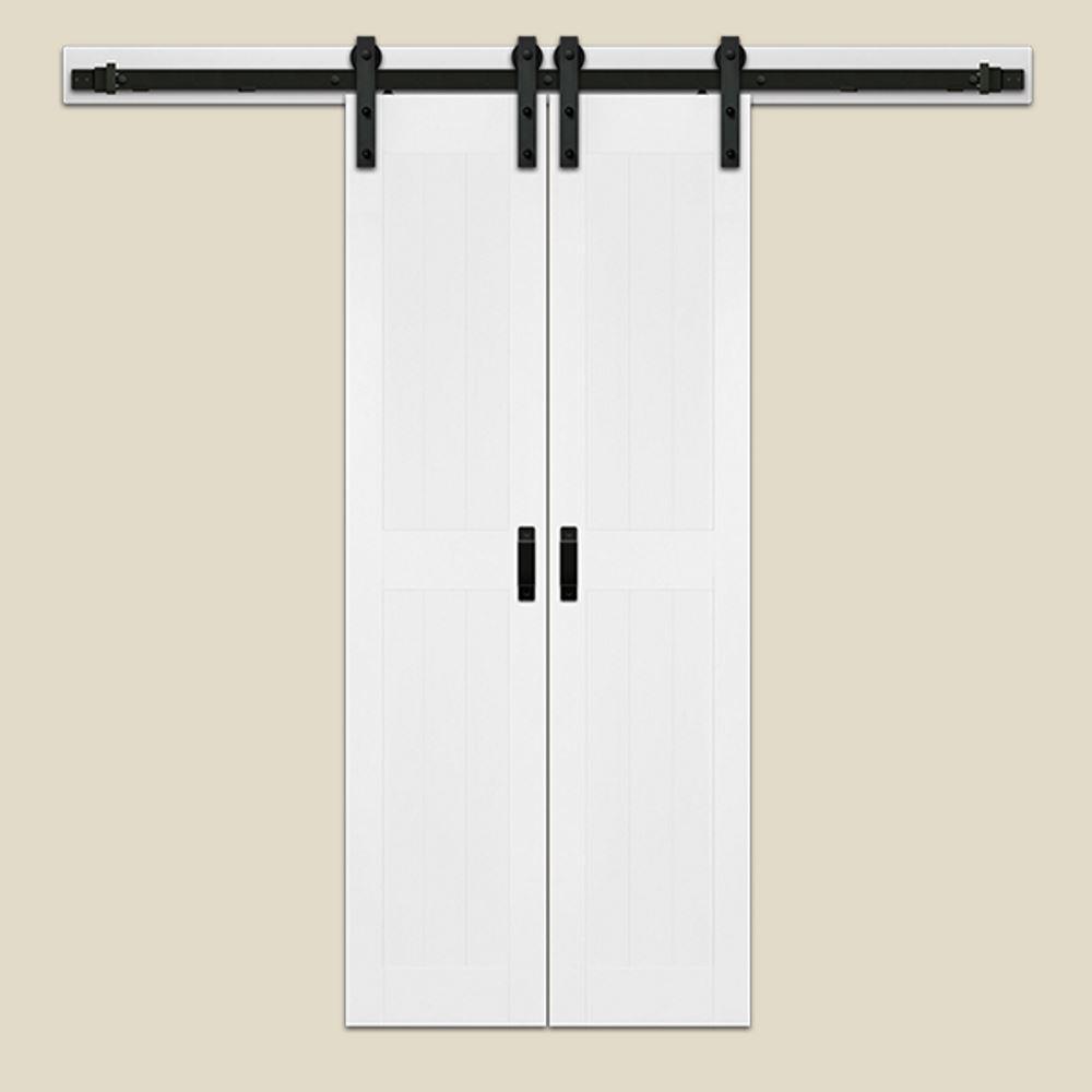 36 in. x 84 in. Taupe MDF Solid Core Bi-Parting Design Interior Sliding Barn Door with Modern Rustic Hardware Kit - Super Arbor