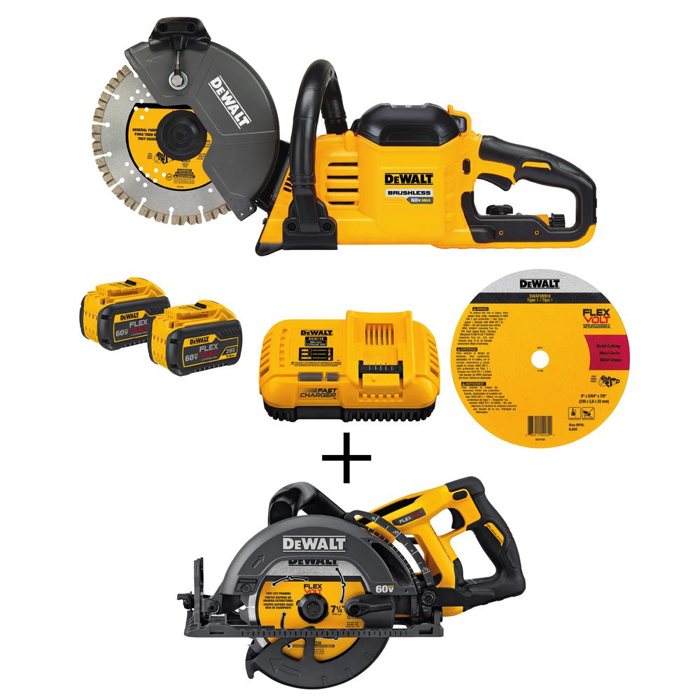 FLEXVOLT 60-Volt Lithium-Ion Cordless 9 in. Construction Saw w/(2) FLEXVOLT Batteries & 7-1/4 in. Wormdrive Circular Saw - Super Arbor