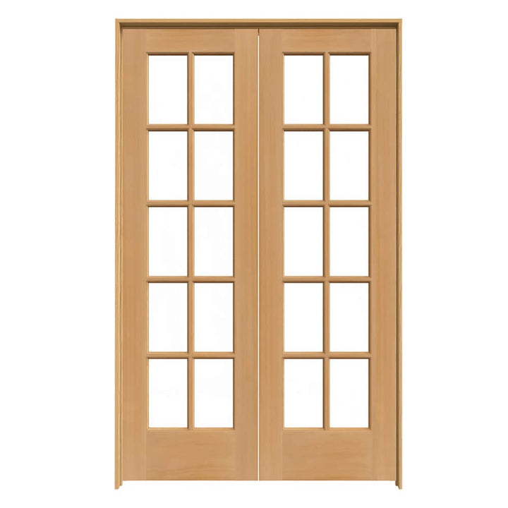 JELD-WEN 10 Lite Wood 48-in x 80-in Unfinished Pine Interior French Door with Clear Glass, Prehung, Hardware Included