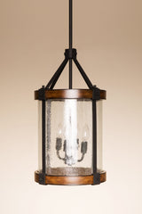 Kichler Barrington 4-Light Distressed Black and Wood Tone Rustic Seeded Glass Cylinder Medium Hanging Pendant Light