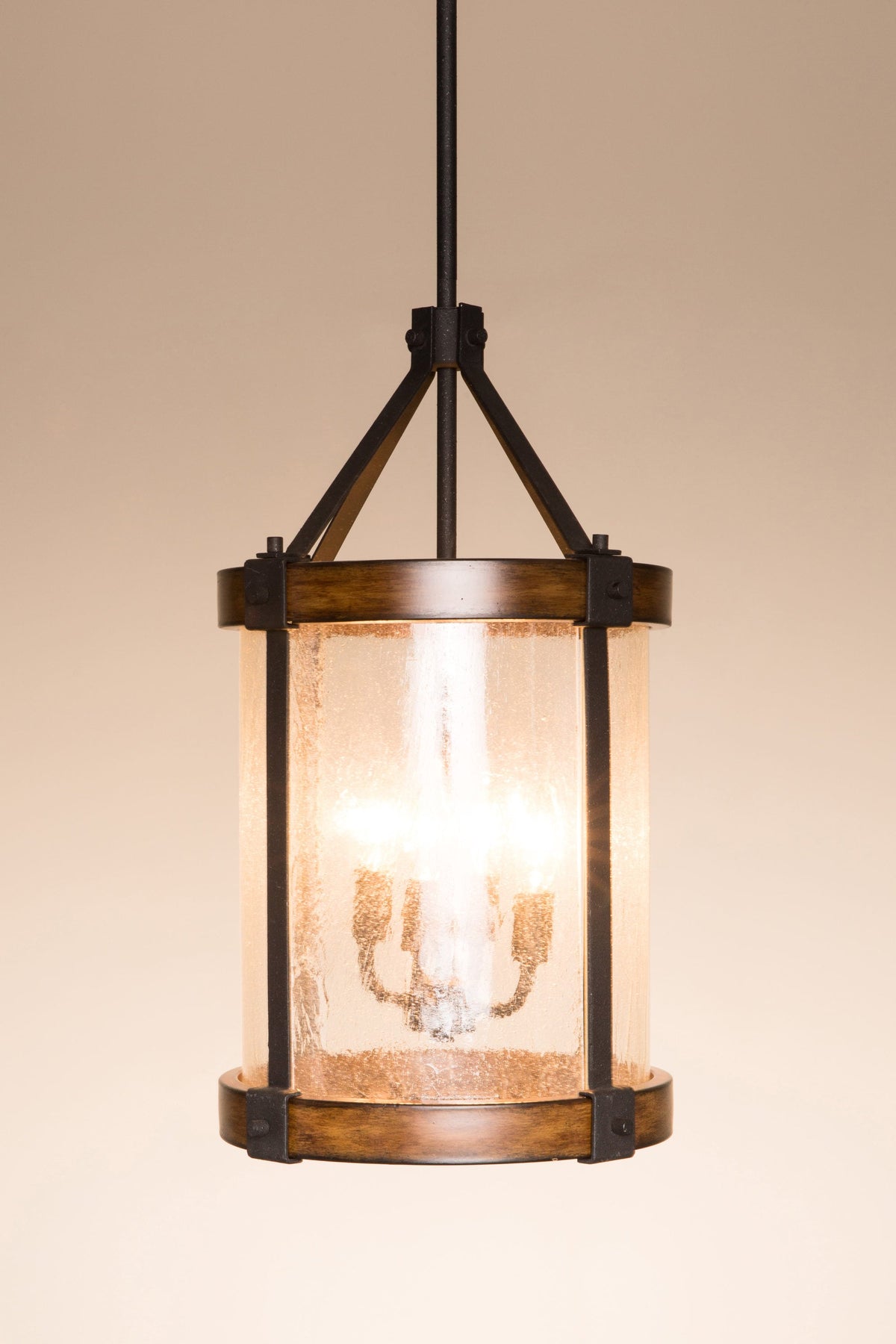 Kichler Barrington 4-Light Distressed Black and Wood Tone Rustic Seeded Glass Cylinder Medium Hanging Pendant Light