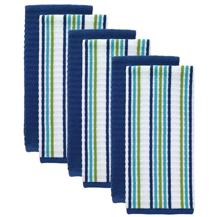 T-Fal Cool/Blue Solid and Stripe Cotton Waffle Terry Kitchen Dish Towel (Set of 6)
