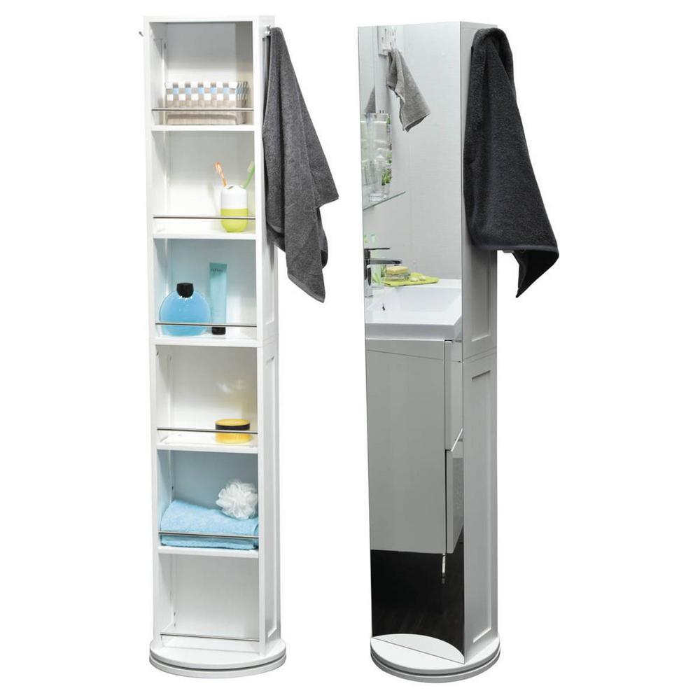 11.81 in. L x 6.89 in. W x 66.73 in. H Swivel Storage Cabinet Organizer Tower Free Standing Linen Tower Mirror in White - Super Arbor