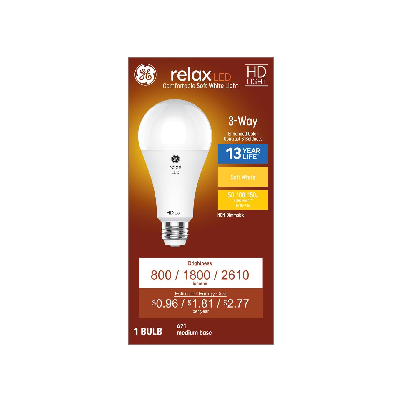 GE Relax HD A21 Soft White 3-Way LED Light Bulb, 150/100/50W Replacement (Medium Base)