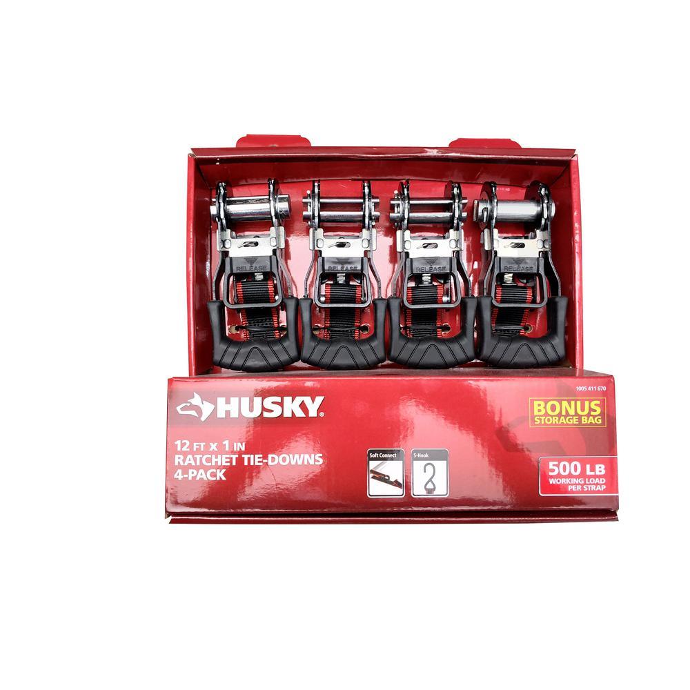 12 ft. x 1 in. Ratchet Tie Down with S-Hook (4-Pack) - Super Arbor