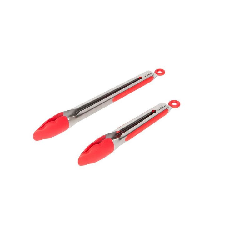 Stainless Steel and Silicone Locking Red Tongs (Set of 2)
