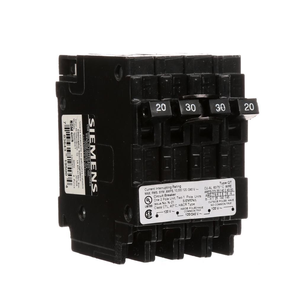 Triplex 2-Outer 20 Amp Single-Pole and 1-Inner 30 Amp Double-Pole Circuit Breaker