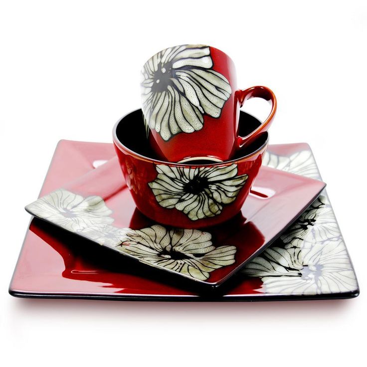 Winter Bloom 16-Piece Asian Inspired Red Earthenware Dinnerware Set (Service for 4)