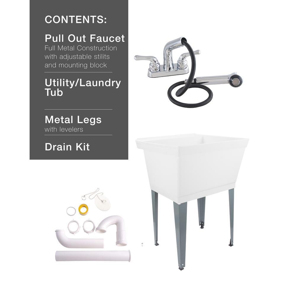 Complete 22.875 in. x 23.5 in. White 19 Gal. Utility Sink Set with Non-Metallic Chrome Finish Pull-Out Faucet - Super Arbor