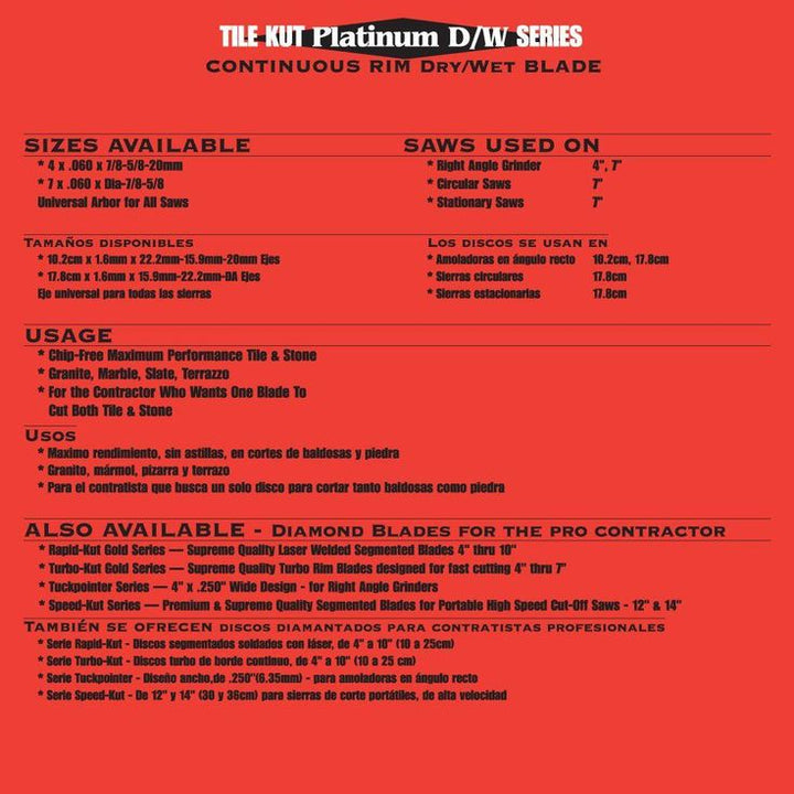 Quasar Tile Kut Platinum D/W 7 in. Continuous Rim Tile Diamond Blade