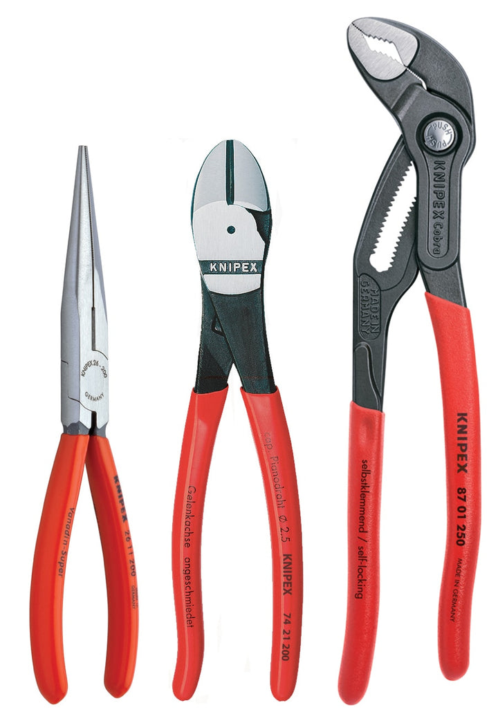 KNIPEX Universal 3-Pack Assorted Plier Set, 10-in Cobra + 8-in Diagonal Cutter + 8-in Long Nose