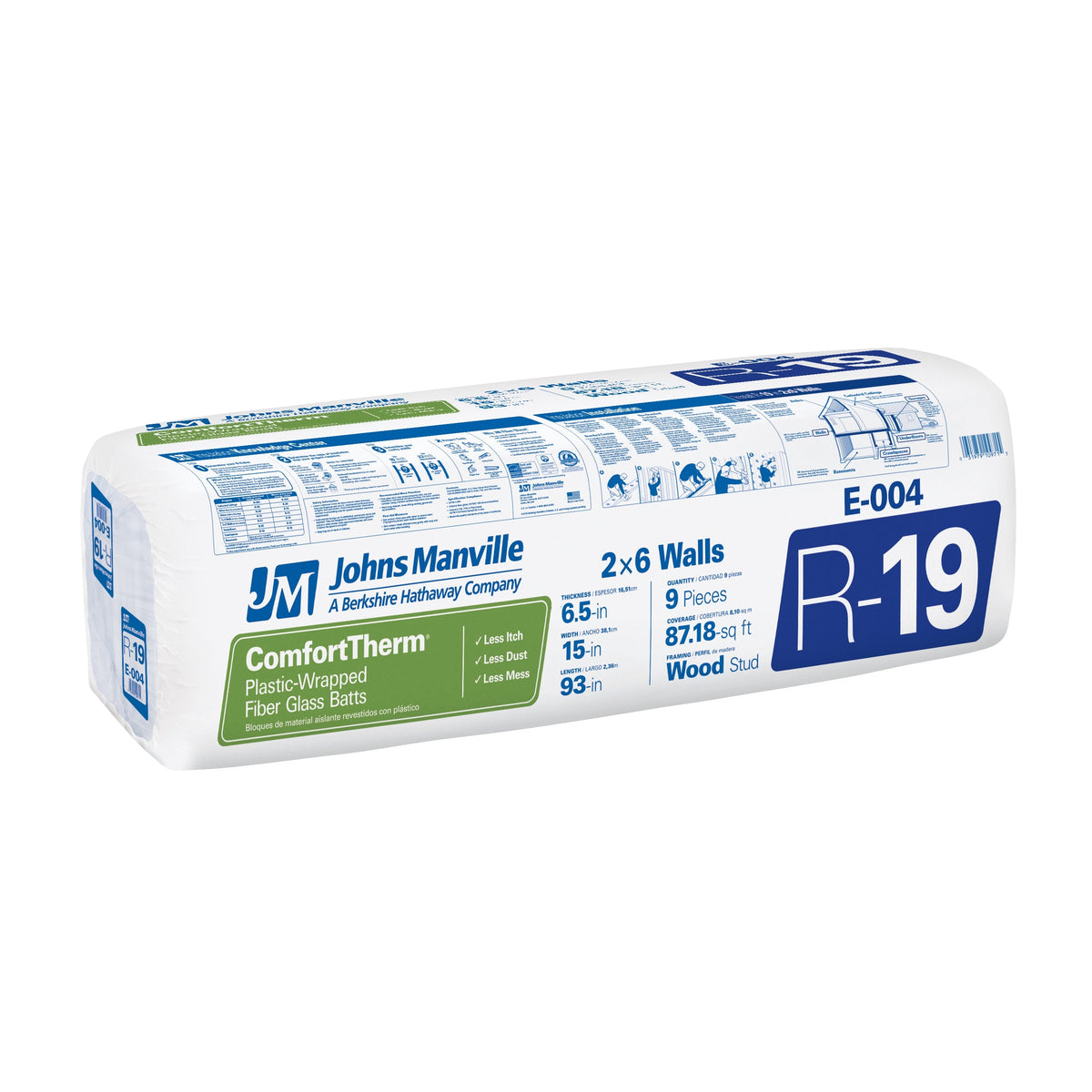 JM (Johns Manville) ComfortTherm R-19 Encapsulated Fiberglass Batt Insulation, 15 in x 93 in (87.18 sq ft)