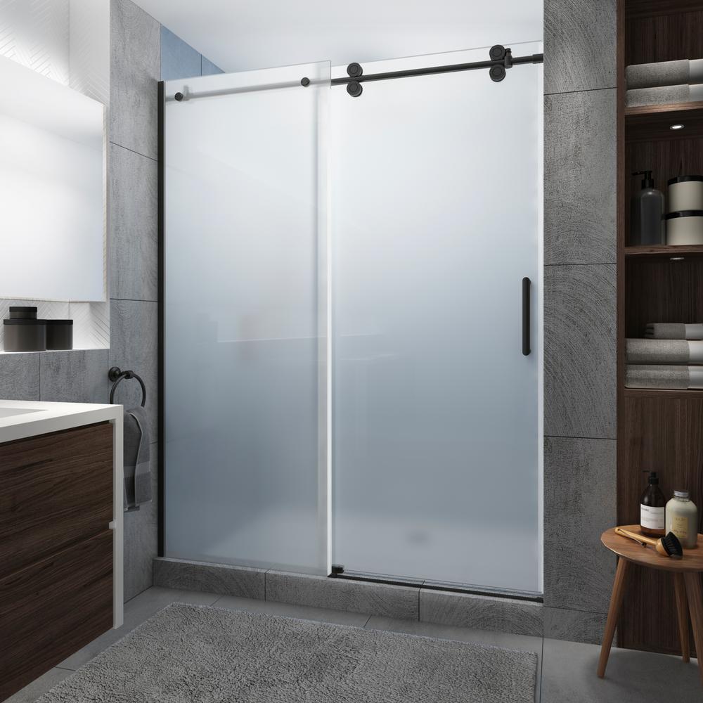 Langham XL 68 - 72 in. x 80 in. Frameless Sliding Shower Door with Ultra-Bright Frosted Glass in Stainless Steel - Super Arbor