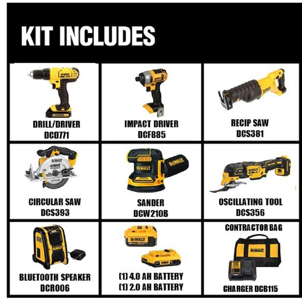 20-Volt MAX Lithium-Ion Cordless Combo Kit (7-Tool) with 2 Ahr Battery, 4 Ahr Battery, Charger and Bag - Super Arbor