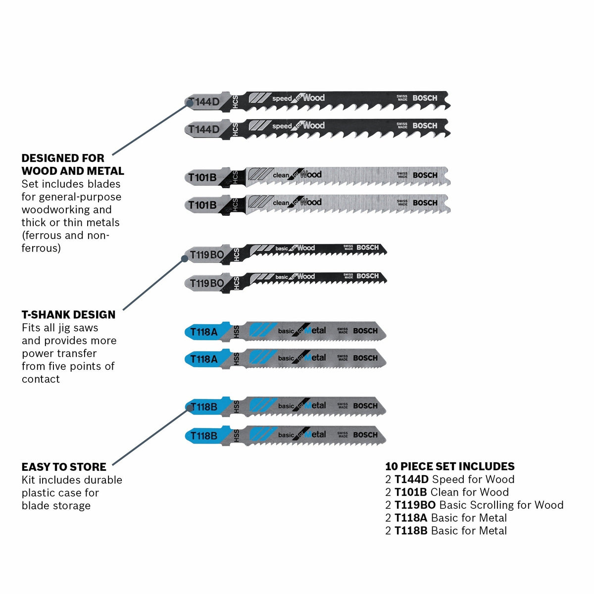 Bosch 10-Pack T‑Shank High‑Carbon Steel Jigsaw Blade Set