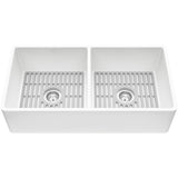 Matte Stone White Composite 33 in. Double Bowl Reversible Flat Farmhouse Apron-Front Kitchen Sink with 2 Strainers - Super Arbor