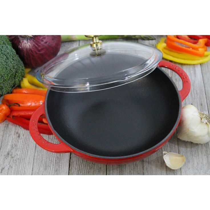7 in. Red French Enameled Cast Iron Wok with Glass Lid