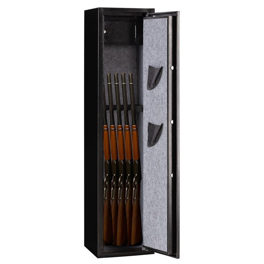 57 in. H Large Rifle Safe with Electronic and Key for Rifle Shotgun for Home, 5-Gun Cabinet with Handgun Lockbox, Black - Super Arbor