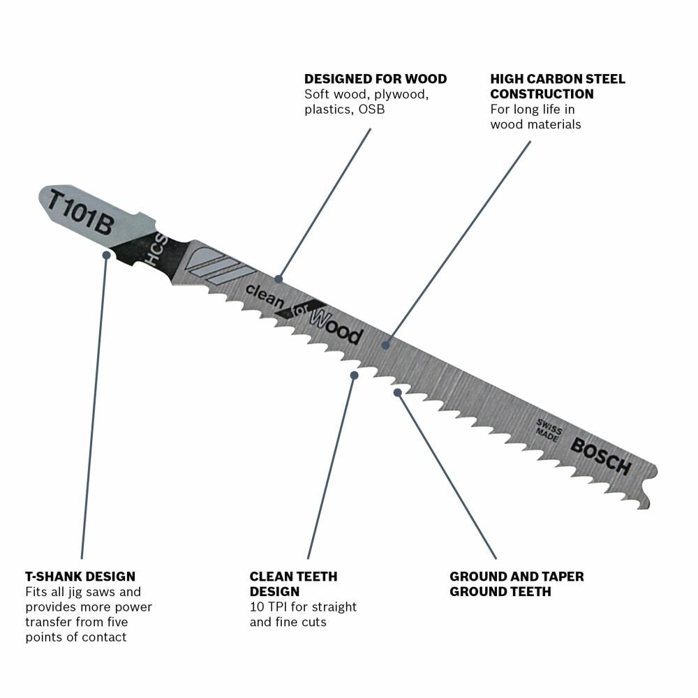 Bosch 5-Pack 4-in T-Shank High-Carbon Steel Jigsaw Blades, 10 TPI (T101B)