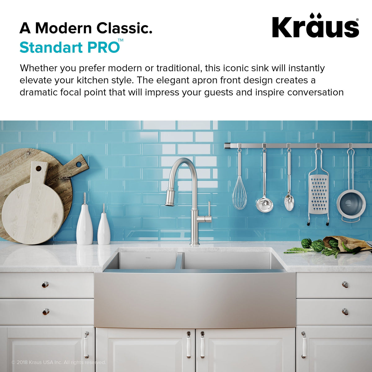 Kraus Standart PRO 33-in x 21-in Stainless Steel Double Offset Bowl, Tall Apron (8-in+) Undermount Farmhouse Kitchen Sink