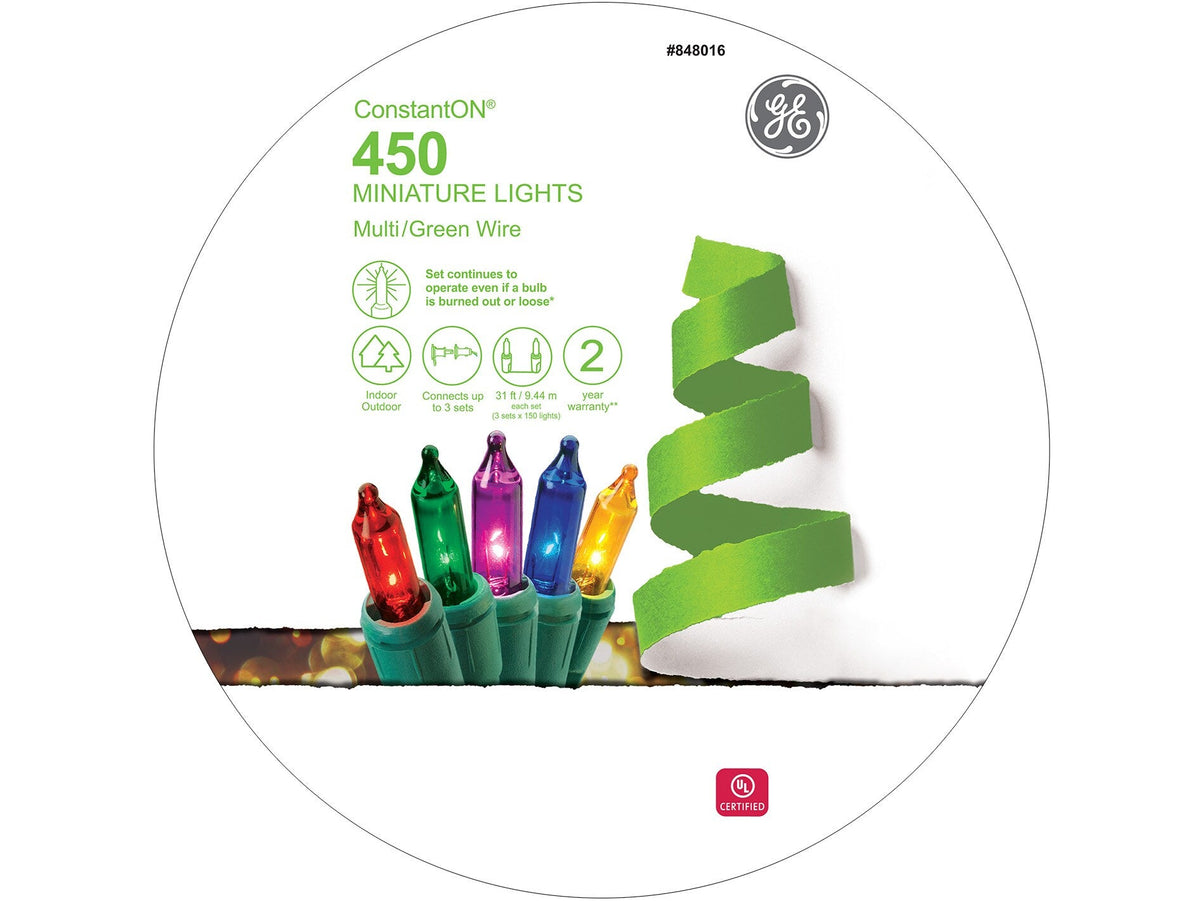 GE ConstantON 450-Count 93-ft Multicolor Incandescent Plug-In Christmas String Lights, Green Wire
