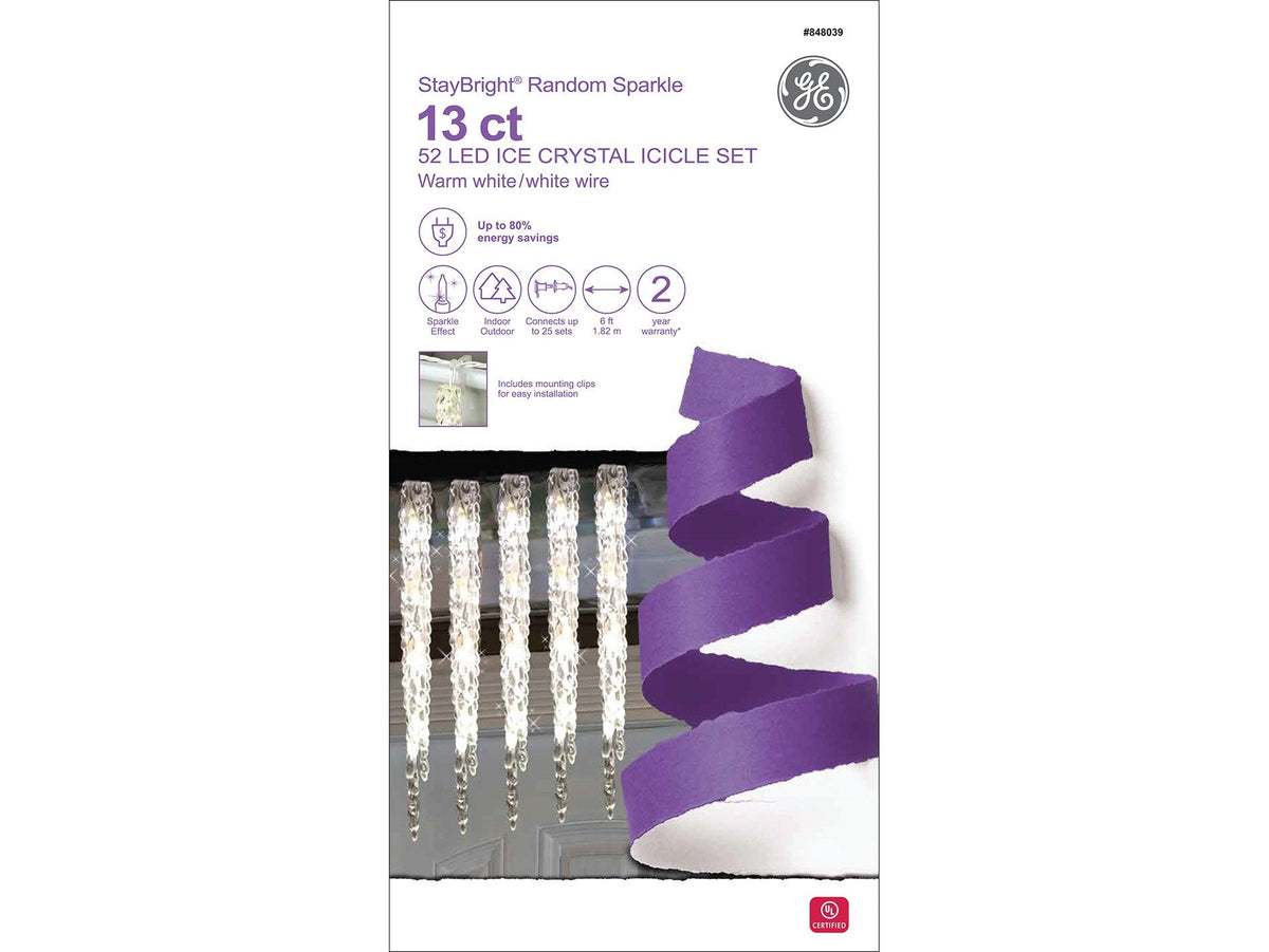 GE StayBright 52-Count Sparkling White Mini LED Plug-In Christmas Icicle Lights, 13 Icicles, 6-ft Lighted Length