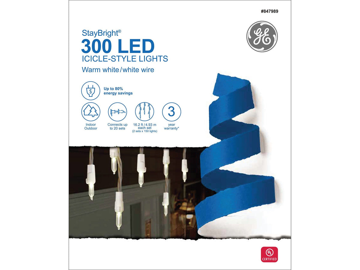 GE StayBright 300-Count Constant White Mini LED Plug-In Christmas Icicle Lights