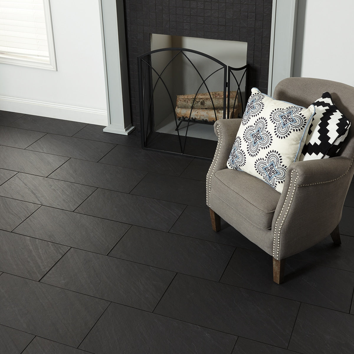 American Olean Carbon Mist Slate 12-in x 24-in Glazed Porcelain Stone Look Floor and Wall Tile