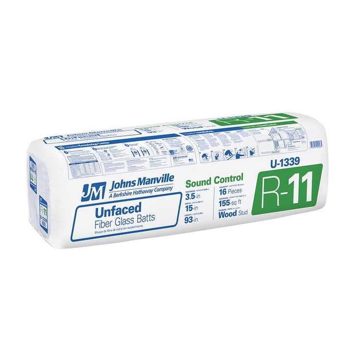 Johns Manville R-11 Wall Unfaced Fiberglass Batt Insulation, 155-sq ft Coverage (15-in W x 93-in L), U1339S