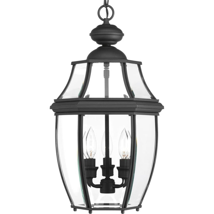 Progress Lighting New Haven 3-Light Black Traditional Beveled Glass Lantern Medium Outdoor Hanging Pendant Light