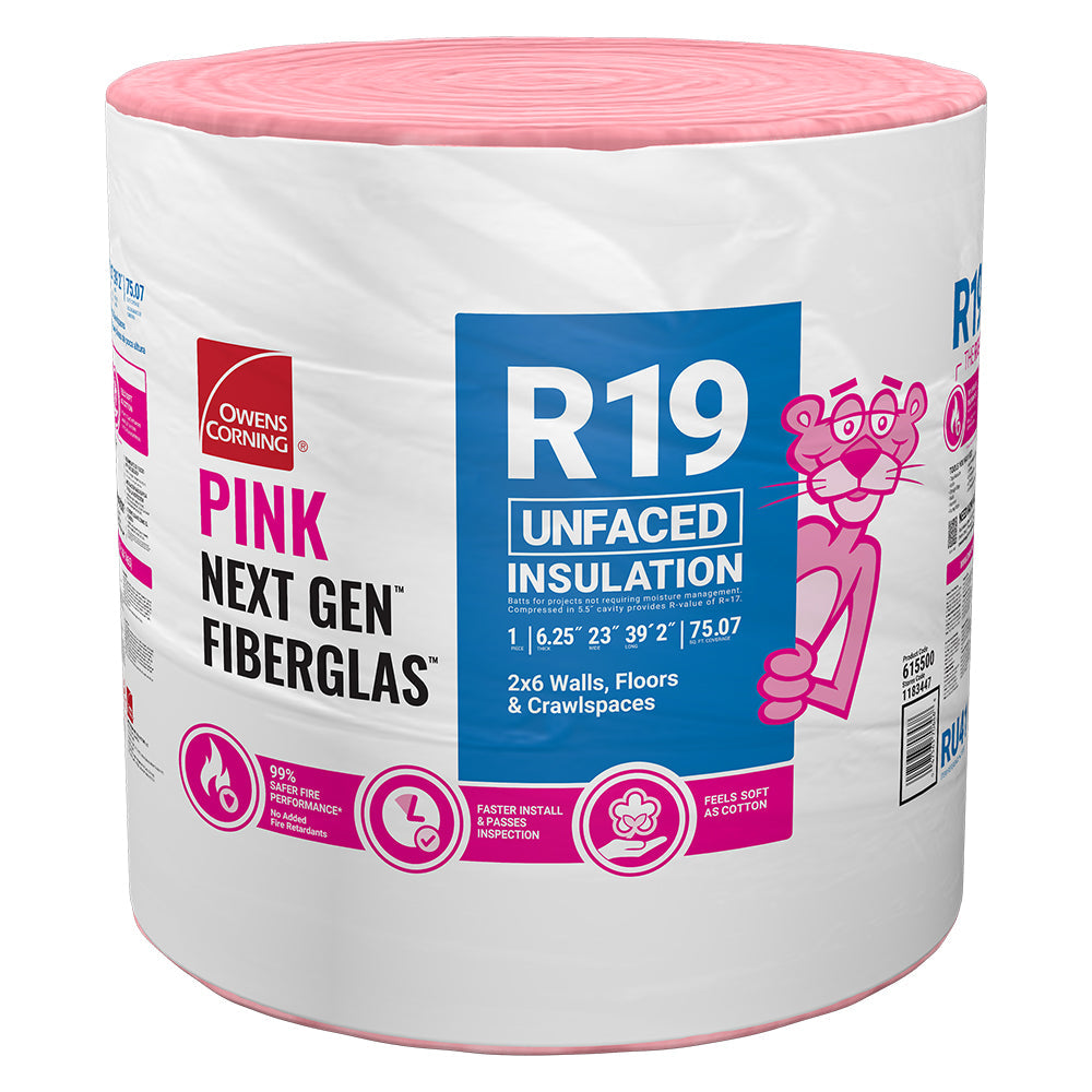 Owens Corning Eco Touch R-19 Unfaced Fiberglass Insulation Roll, 23 in W x 39 ft L, 75.07 sq ft Coverage