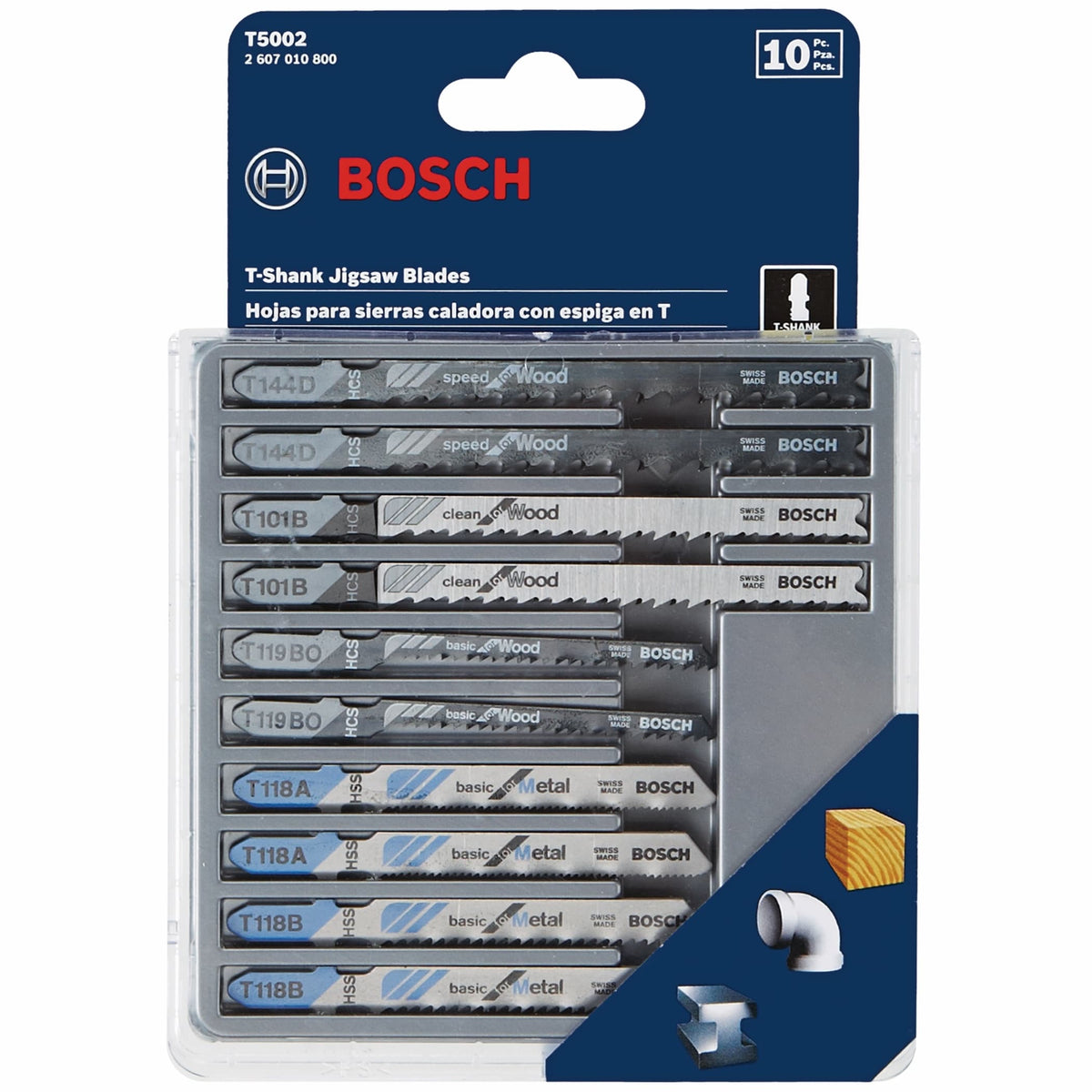 Bosch 10-Pack T‑Shank High‑Carbon Steel Jigsaw Blade Set