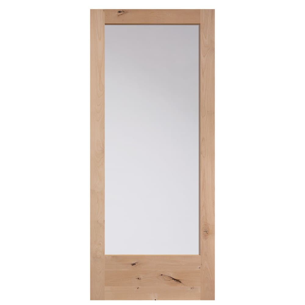 Masonite Traditional 36-in x 84-in Natural Unfinished Knotty Alder Wood Single Barn Door with Clear Glass (Slab Only)