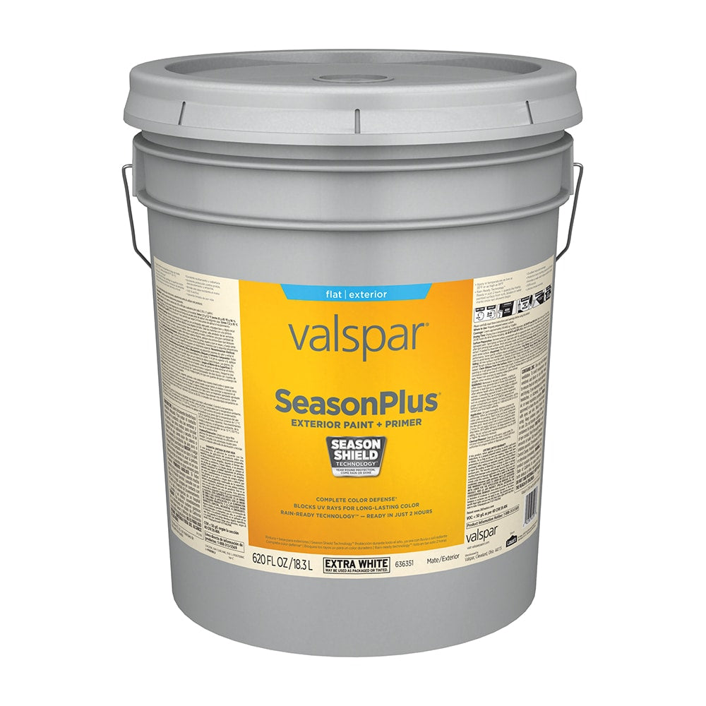 Valspar SeasonPlus Extra White Flat Exterior Tintable Paint + Primer, 5-Gallon (620 fl oz)