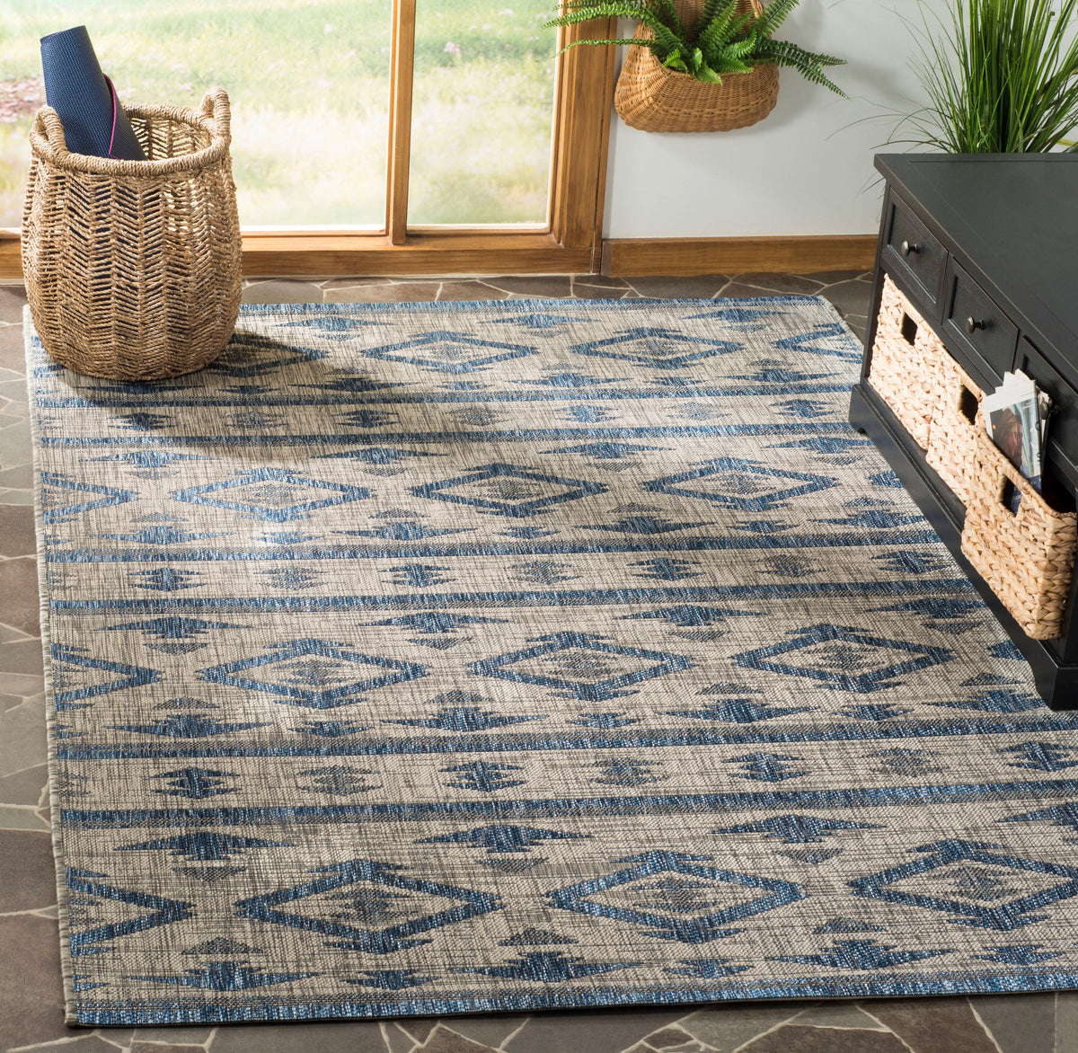 Safavieh Courtyard Tempe 8 x 11 Gray/Navy Indoor/Outdoor Abstract Coastal Area Rug