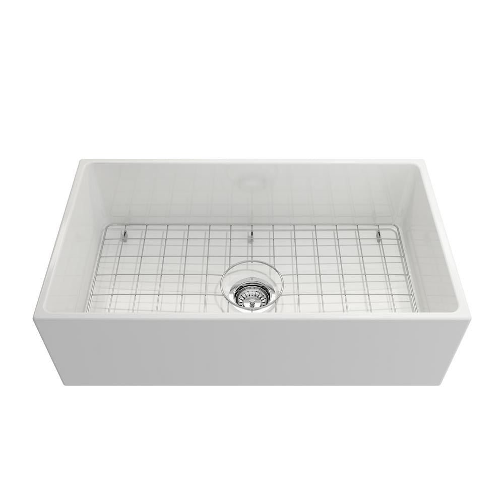 Farmhouse Apron-Front Fireclay 33 in. Single Bowl Kitchen Sink in White with Grid - Super Arbor