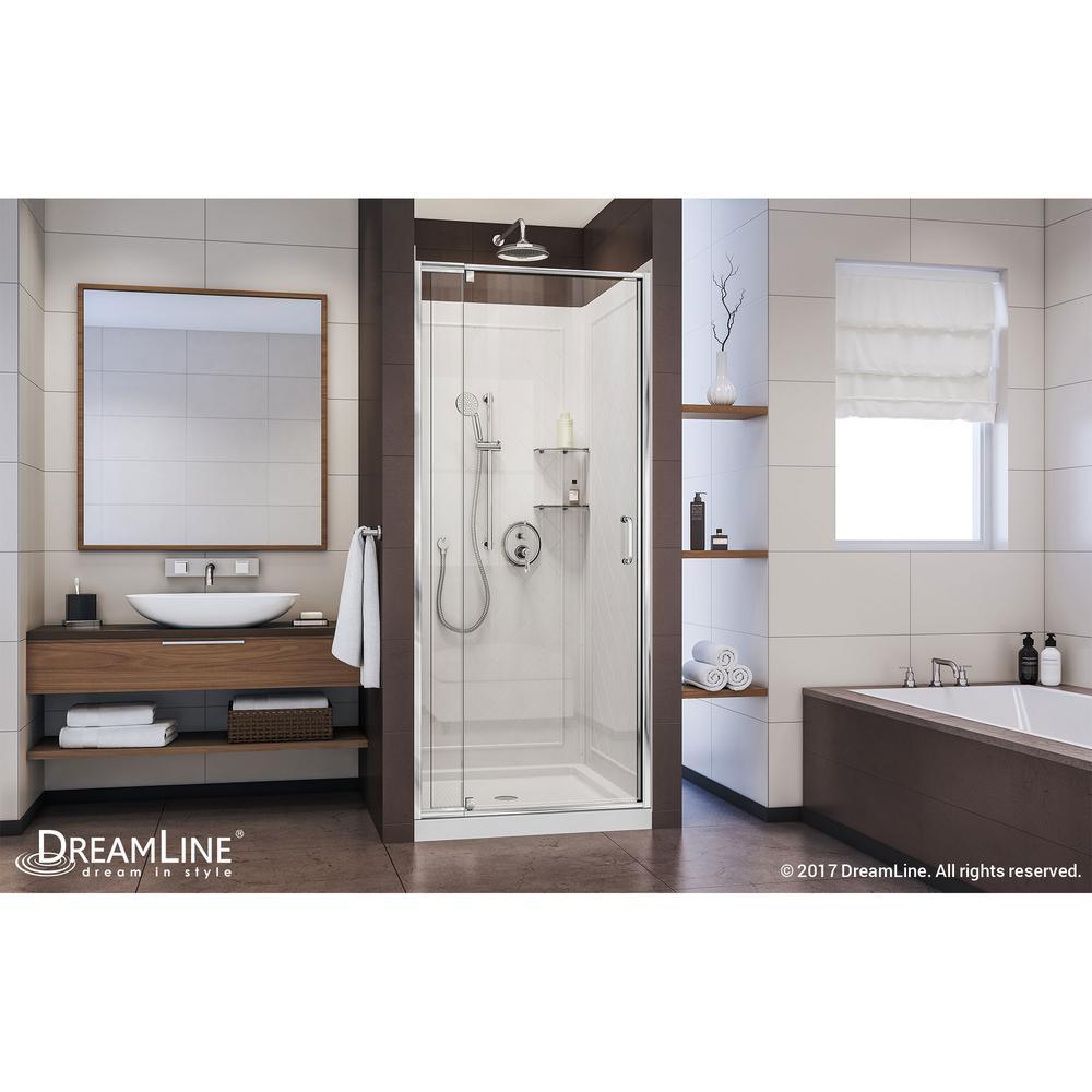 Flex 36 in. x 36 in. x 76.75 in. Pivot Shower Kit Door in Chrome with Center Drain White Acrylic Base and Back Walls Kit - Super Arbor