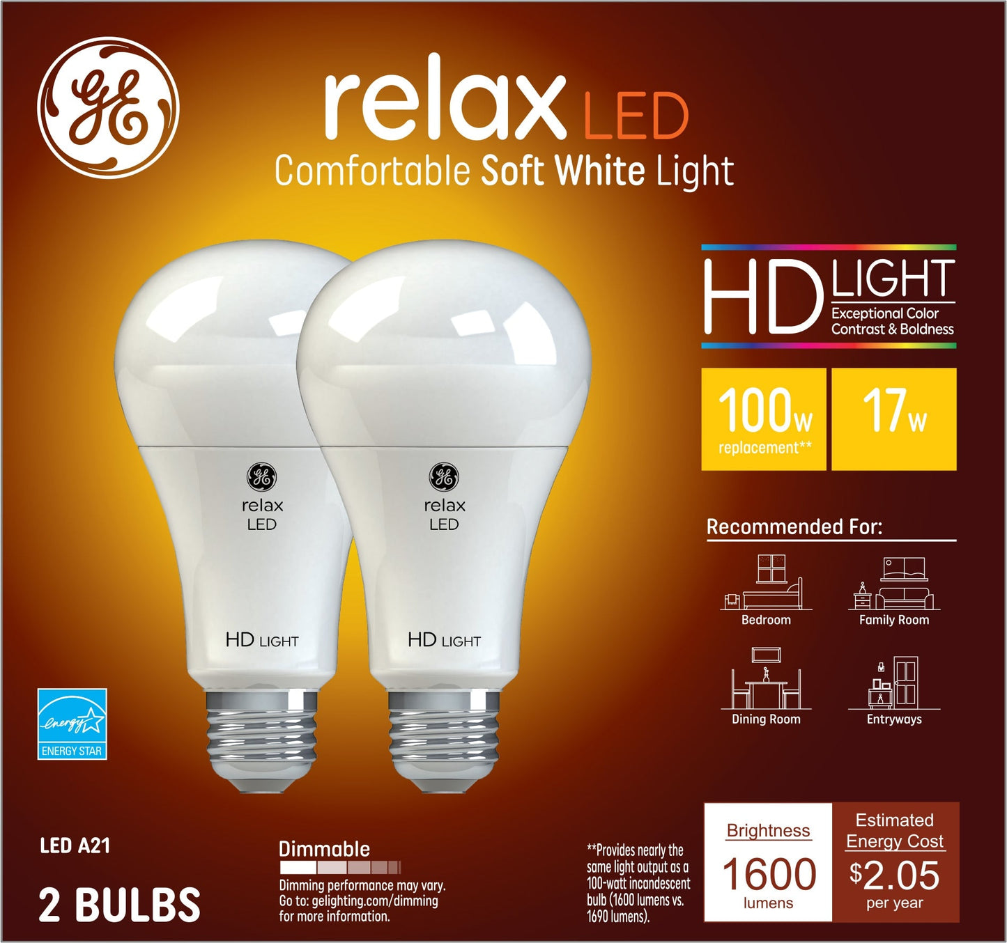 GE Relax HD 100-Watt Equivalent A21 Soft White Dimmable LED Light Bulb, 1600 Lumens, 2700K, 2-Pack