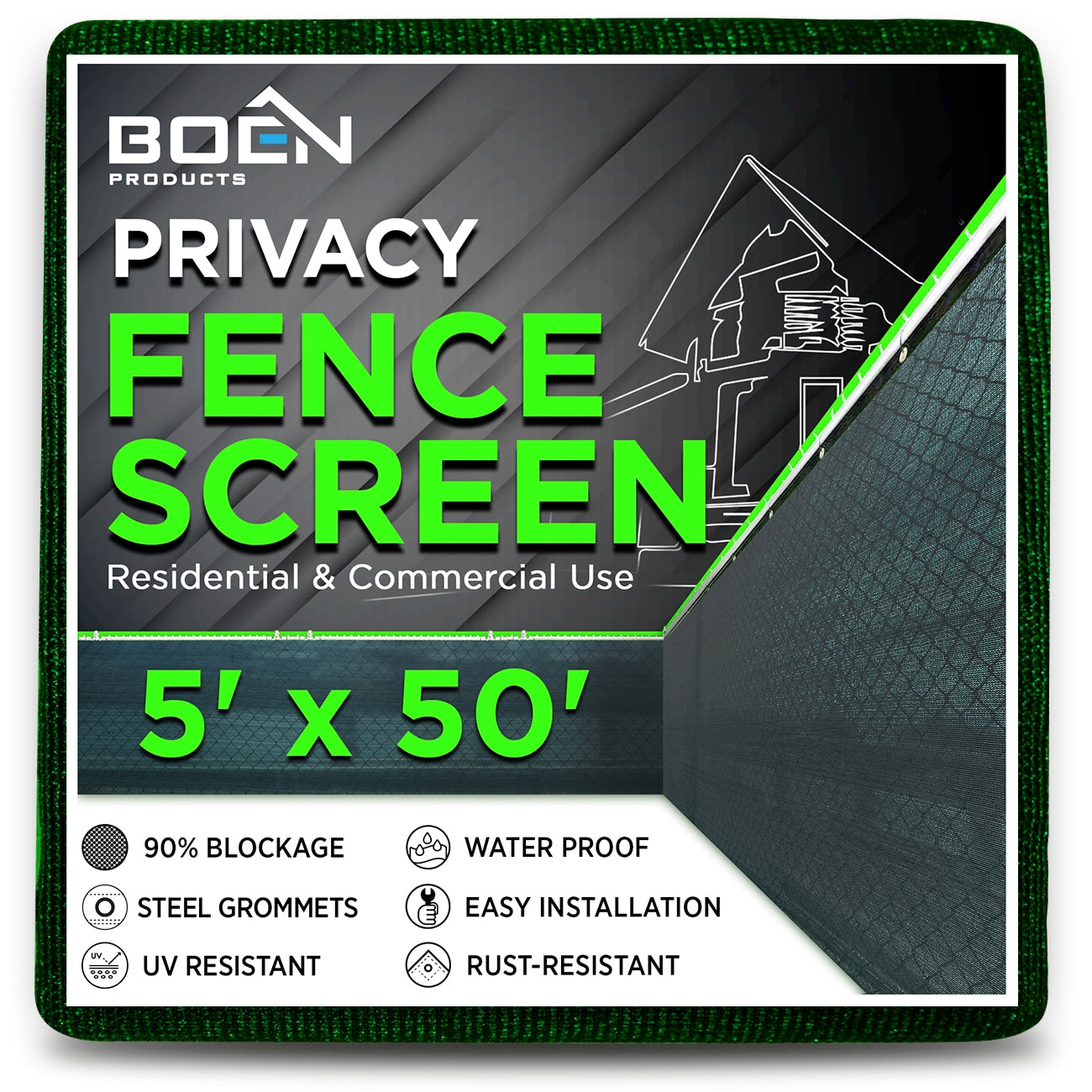 BOEN 5-ft H x 50-ft W Green Polyethelene Chain Link Fence Screen