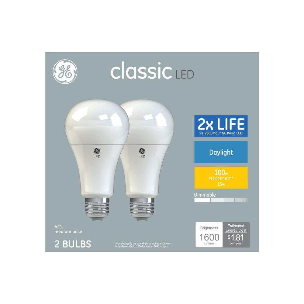 GE Classic 100-Watt Equivalent A21 Daylight Dimmable LED Light Bulb, Medium Base (E26), 1600 Lumens, 2-Pack
