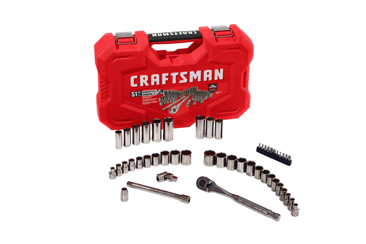 CRAFTSMAN 51-Piece Standard (SAE) and Metric Combination Gunmetal Chrome Mechanics Tool Set with Hard Case, 3/8-in Drive