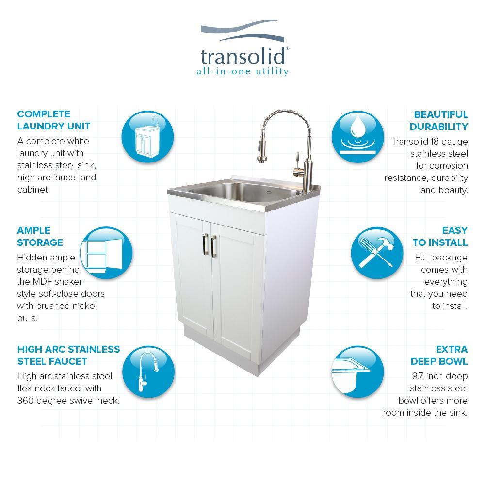 All-in-One 23.6 in. x 19.7 in. x 34.6 in. Stainless Steel Laundry/Utility Sink and Wood Cabinet with Faucet in White - Super Arbor